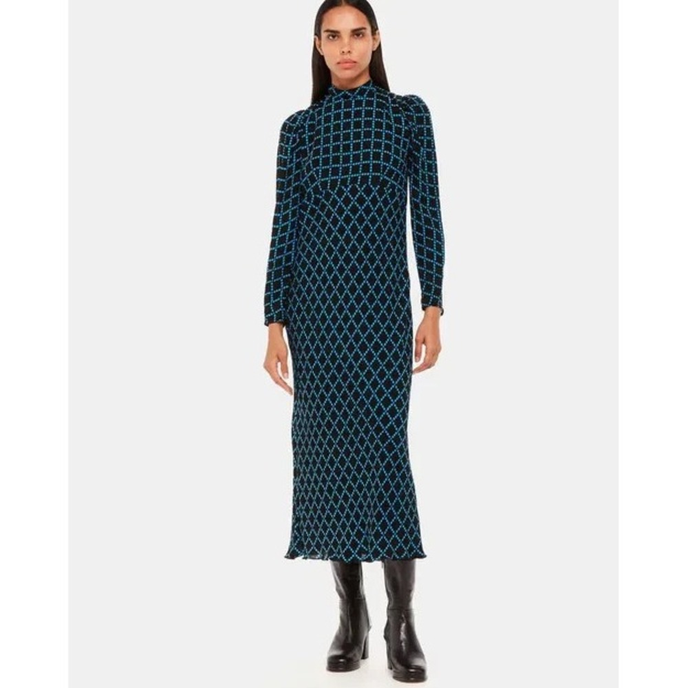WHISTLES Abacus Check High Neck Midi Maxi Viscose Dress Black/Blue NWT SZ.4 US